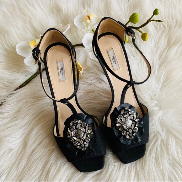 Prada Shoes - PRADA Black Satin Jewel T strap High Heels Sz 40